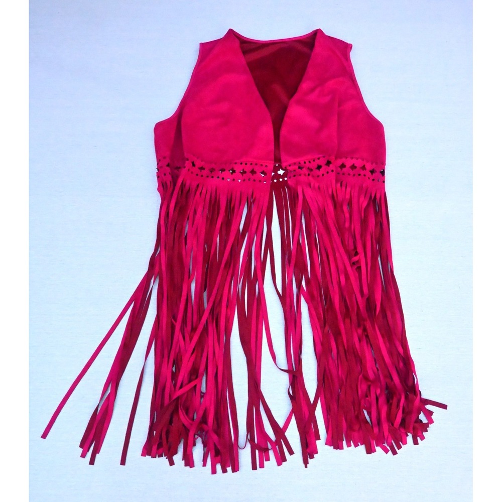 Womens Red Faux Suede Fringe Vest Open Front Laser Cut Perforated Boho Soft